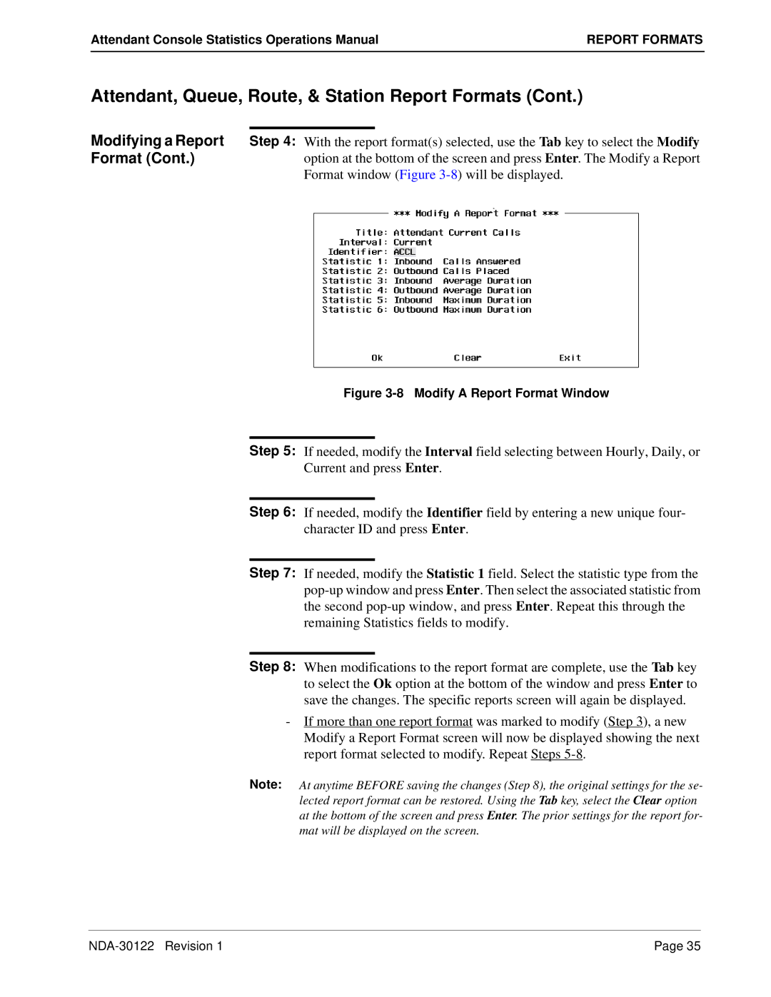 NEC NDA-30122 manual Modifying a Report, Format window -8 will be displayed 