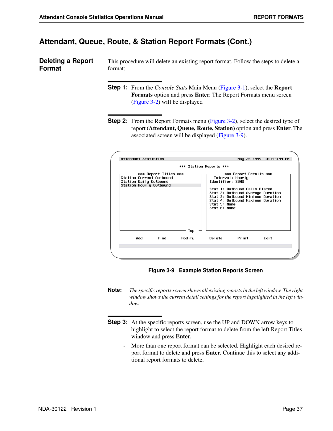 NEC NDA-30122 manual Deleting a Report Format, Example Station Reports Screen 