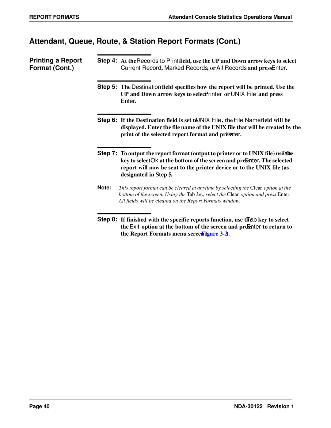 NEC NDA-30122 manual Printing a Report, Print of the selected report format and press Enter, Designated in Step 