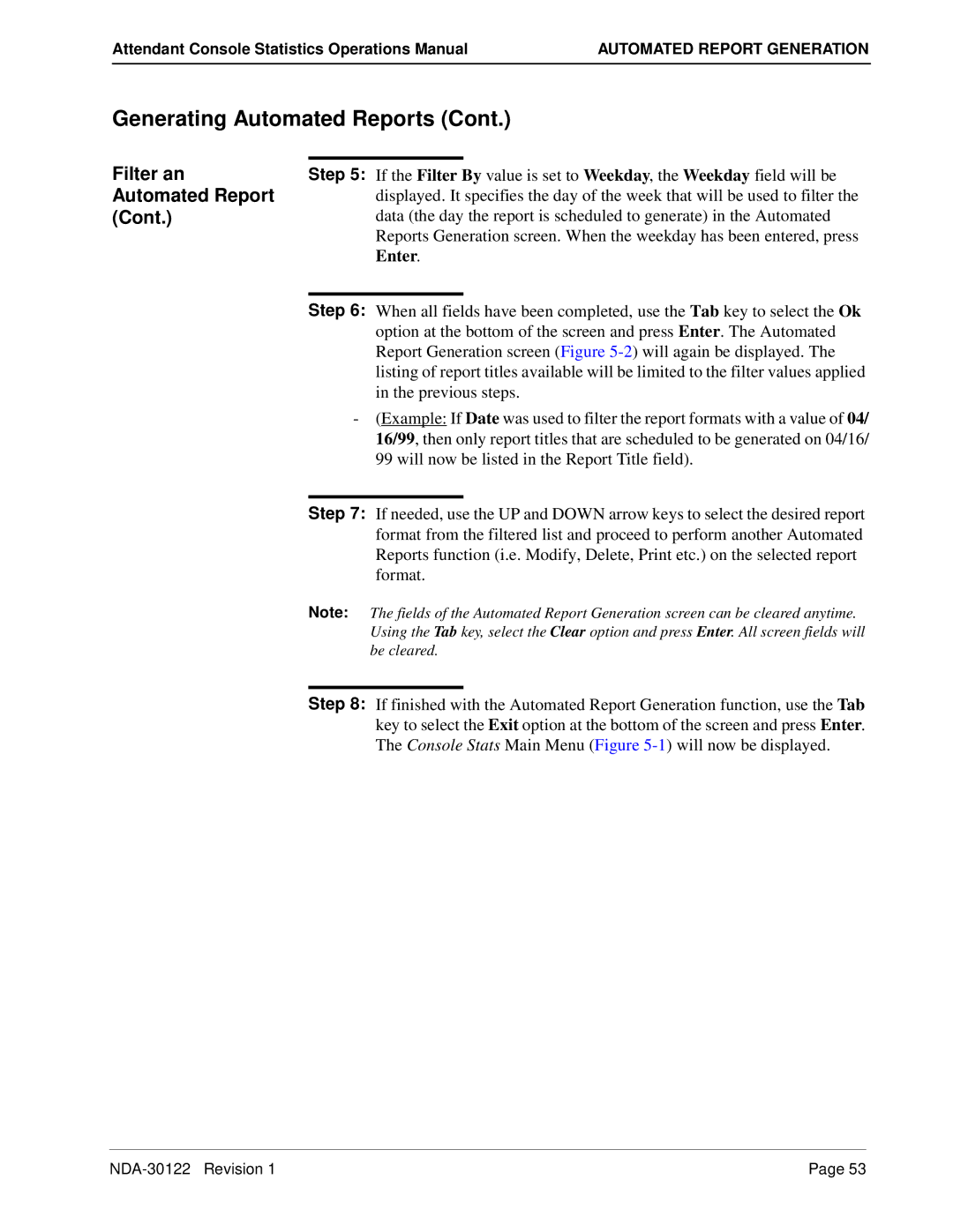 NEC NDA-30122 manual Filter an, Automated Report, Report Generation screen -2 will again be displayed, Previous steps 