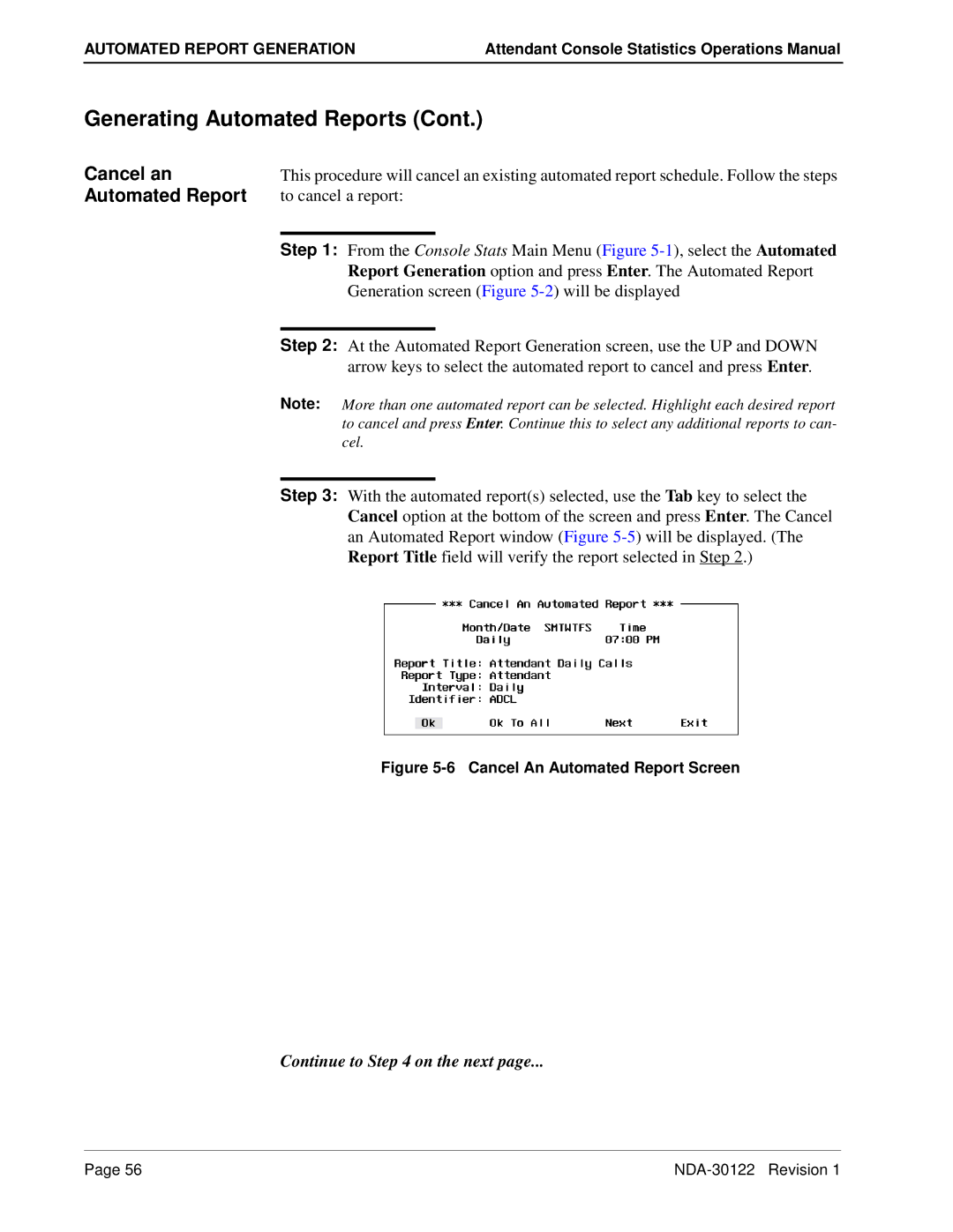 NEC NDA-30122 manual Cancel an Automated Report, Cancel An Automated Report Screen 