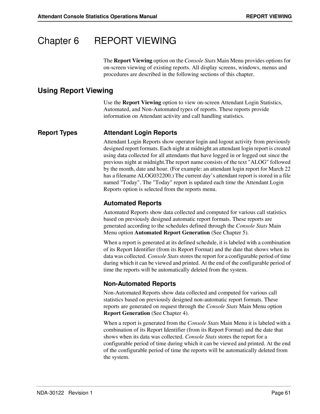 NEC NDA-30122 manual Using Report Viewing, Report Types Attendant Login Reports, Non-Automated Reports 