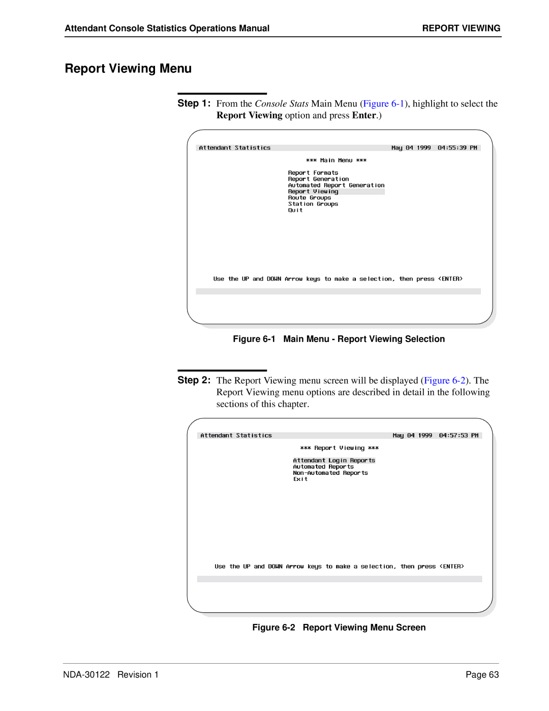 NEC NDA-30122 manual Report Viewing Menu, Report Viewing option and press Enter 