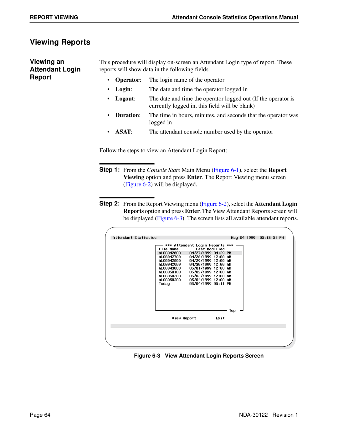 NEC NDA-30122 manual Viewing Reports, Viewing an Attendant Login Report 