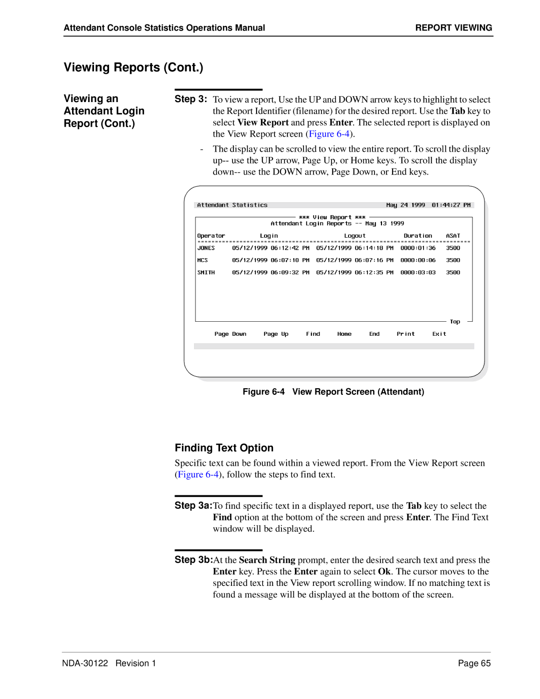 NEC NDA-30122 manual Finding Text Option, View Report Screen Attendant 