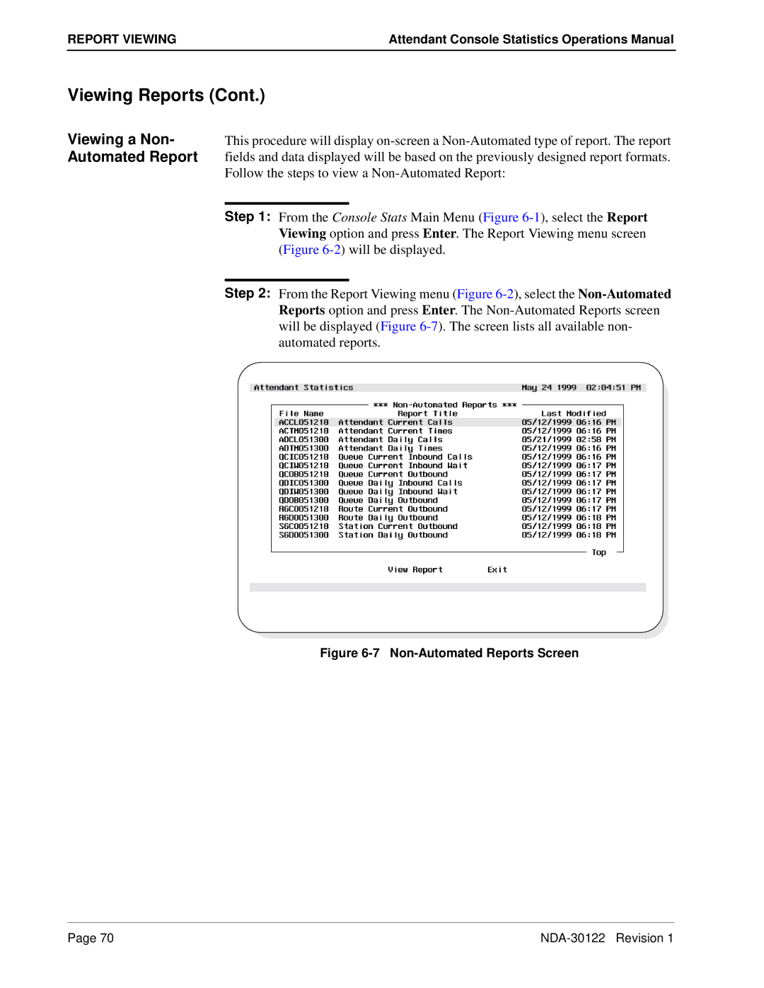 NEC NDA-30122 manual Viewing a Non- Automated Report, Non-Automated Reports Screen 