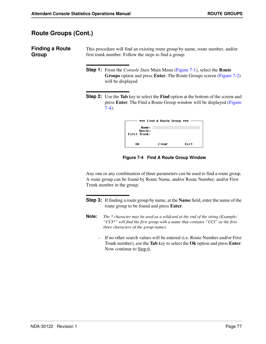 NEC NDA-30122 manual Finding a Route Group, Find a Route Group Window 