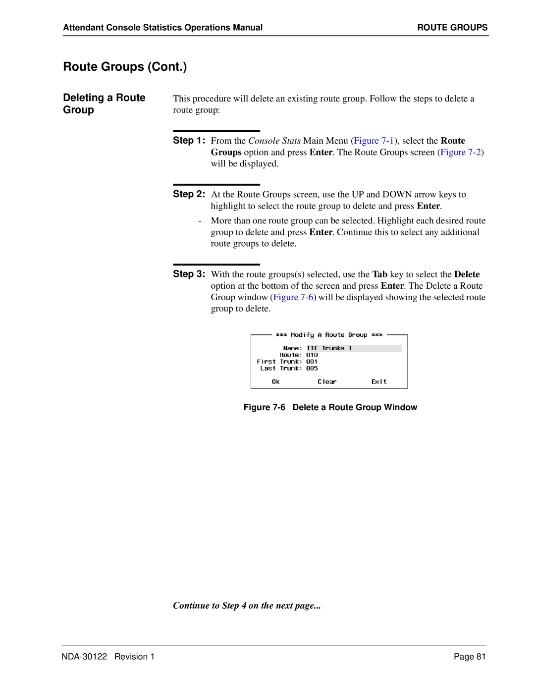 NEC NDA-30122 manual Deleting a Route Group, Delete a Route Group Window 