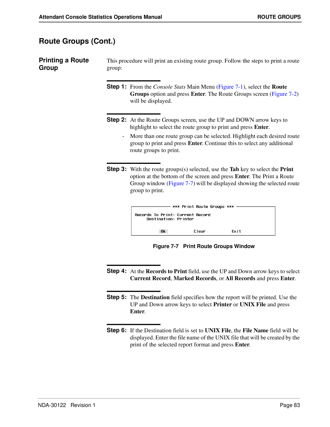 NEC NDA-30122 manual Printing a Route Group, Print Route Groups Window 