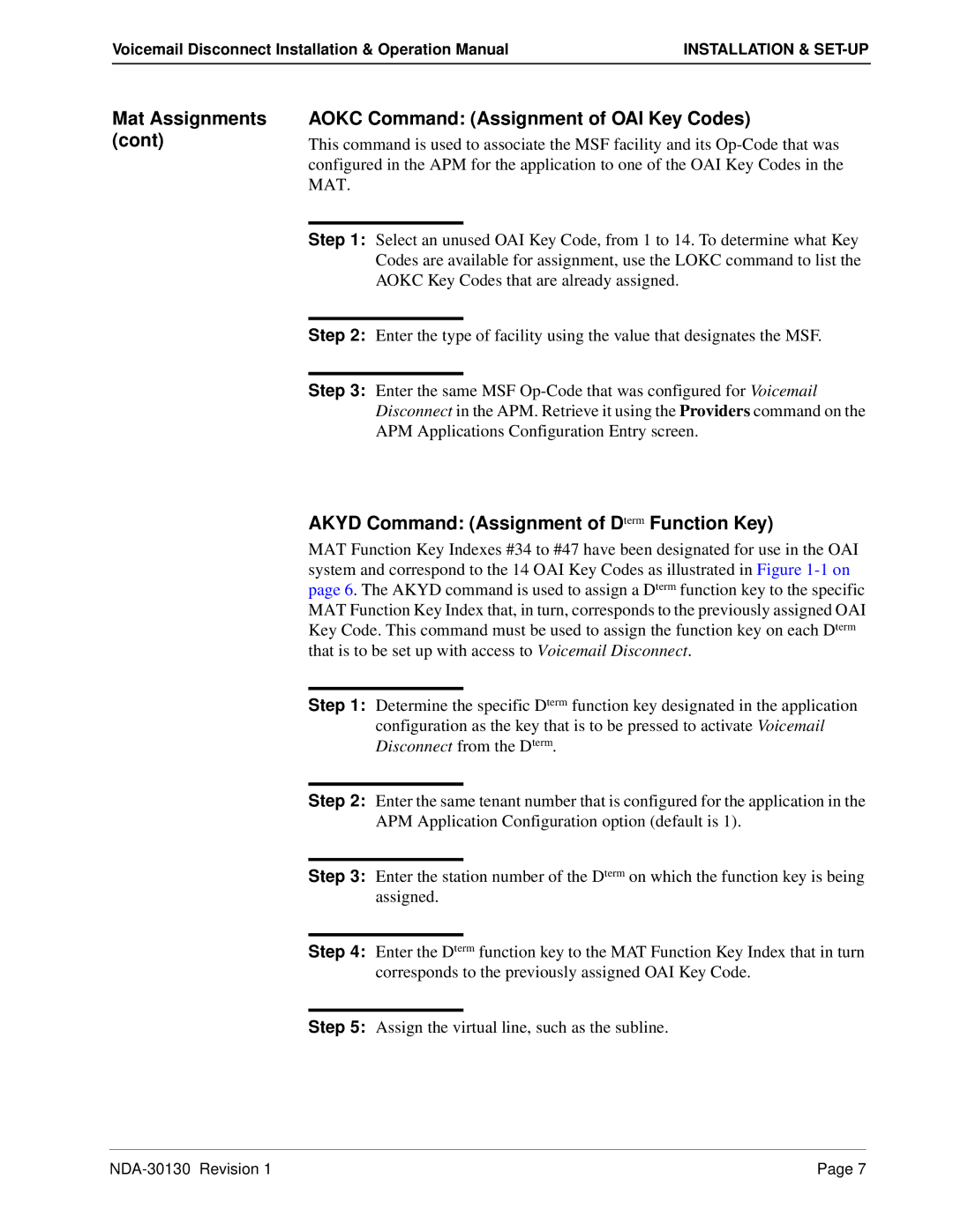 NEC NDA-30130 Mat Assignments Aokc Command Assignment of OAI Key Codes, Akyd Command Assignment of Dterm Function Key 