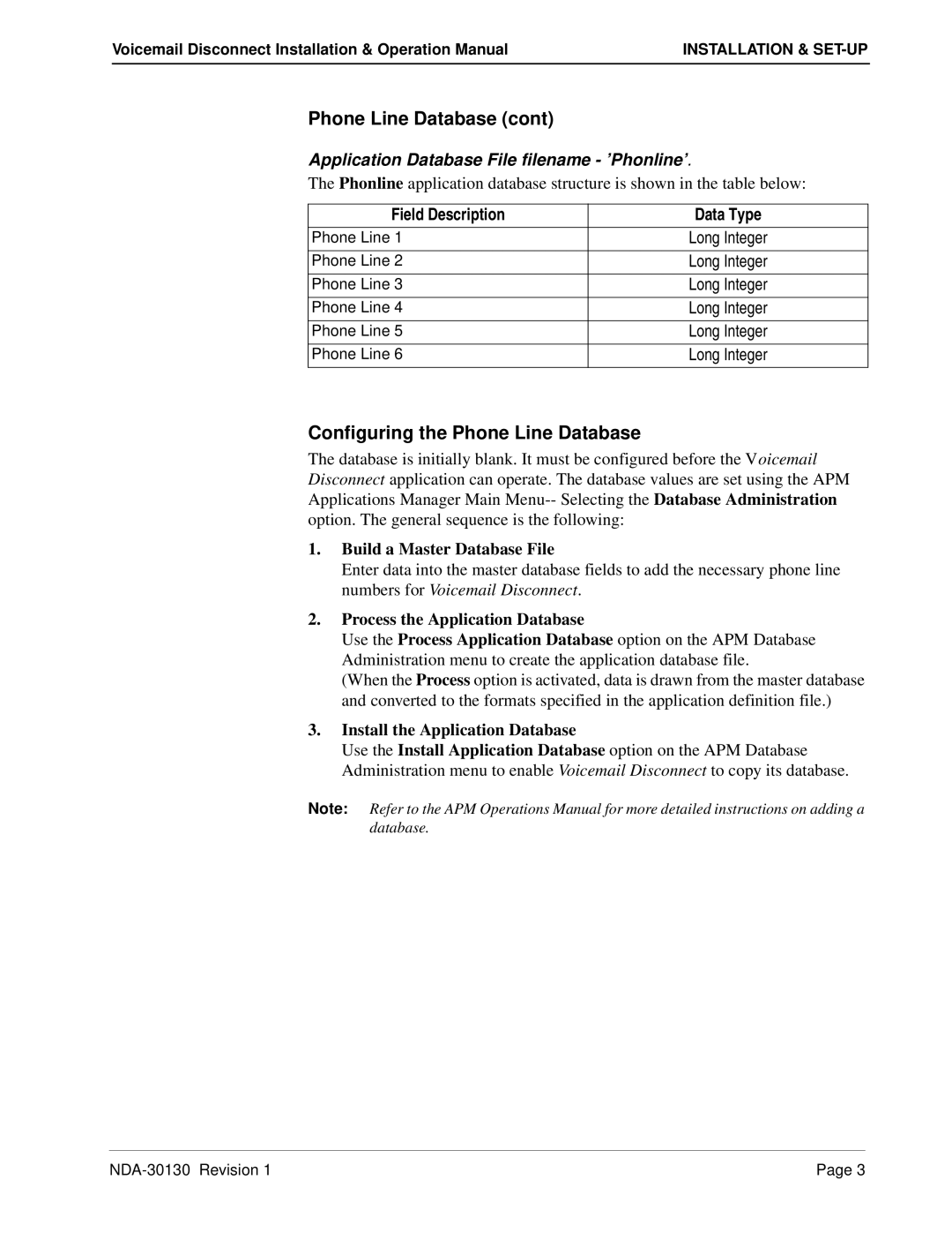 NEC NDA-30130 operation manual Configuring the Phone Line Database, Application Database File filename ’Phonline’ 