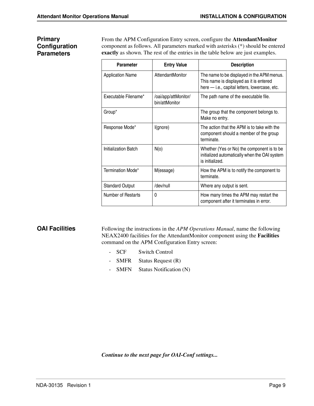 NEC NDA-30135 manual Primary Configuration Parameters, OAI Facilities 