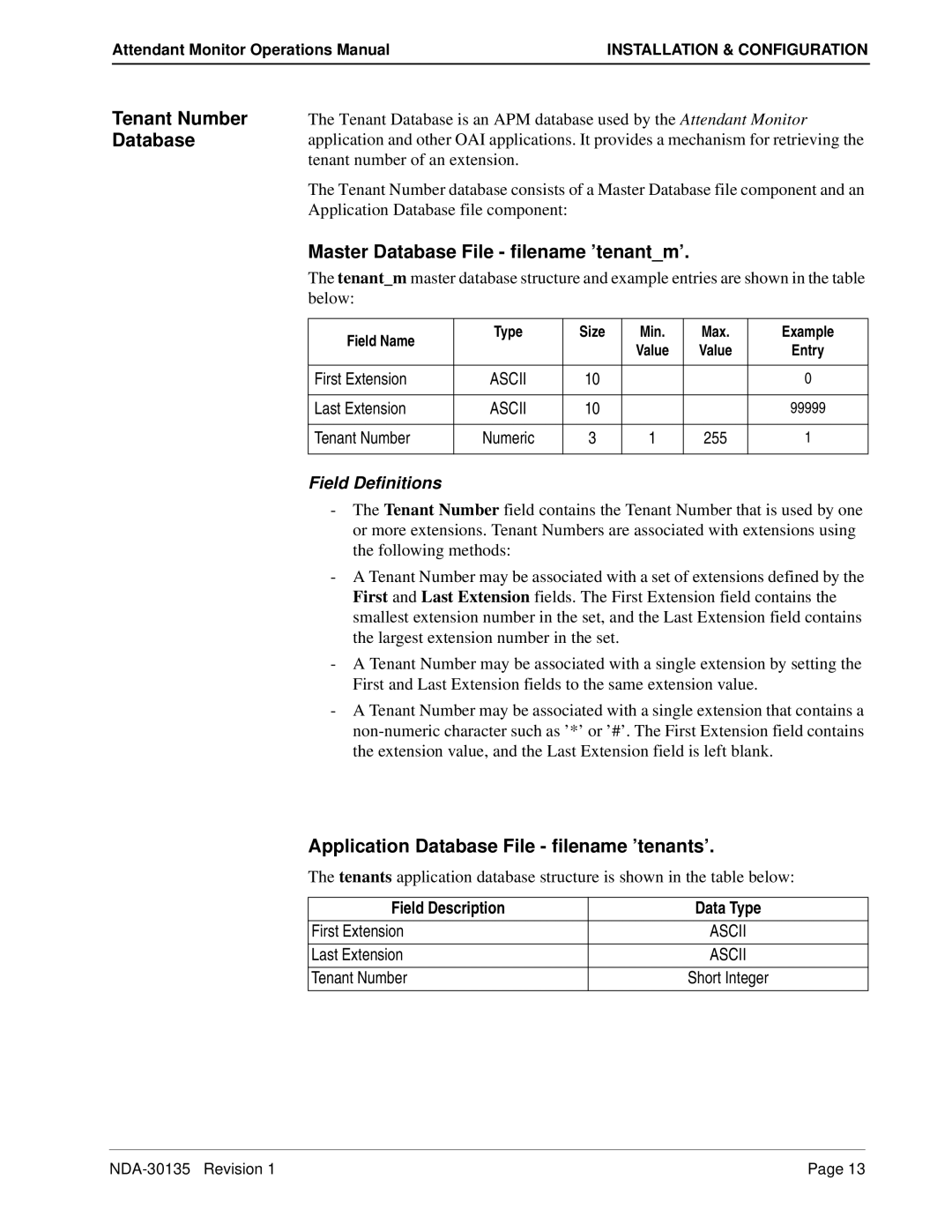 NEC NDA-30135 manual Tenant Number Database, Master Database File filename ’tenantm’ 