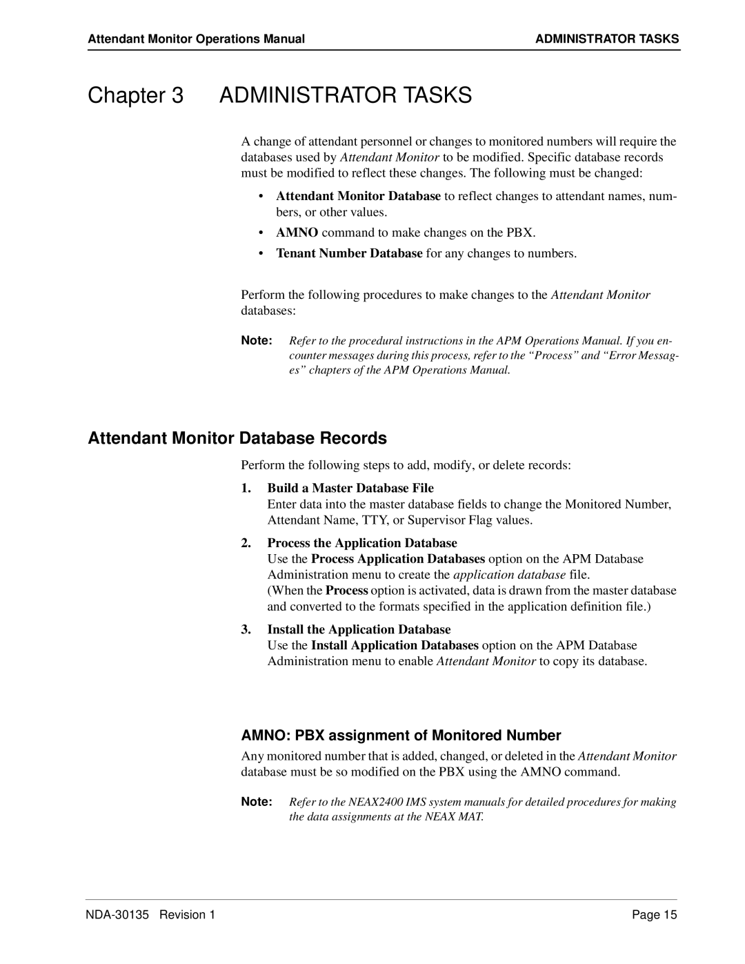 NEC NDA-30135 manual Administrator Tasks, Attendant Monitor Database Records 