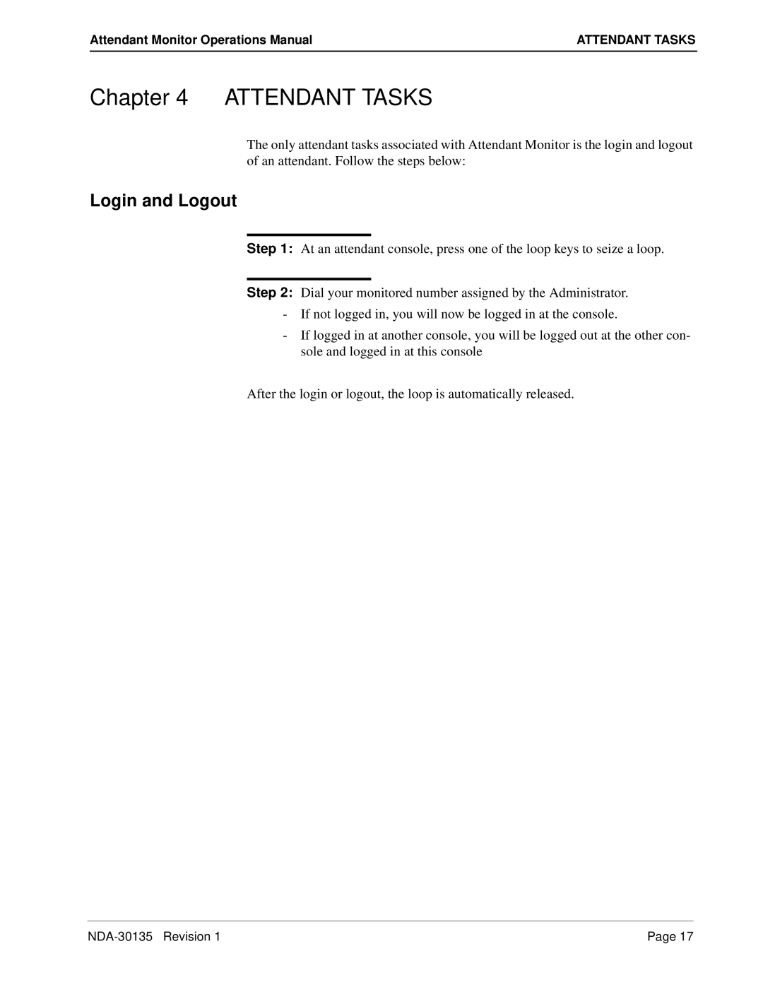 NEC NDA-30135 manual Attendant Tasks, Login and Logout 