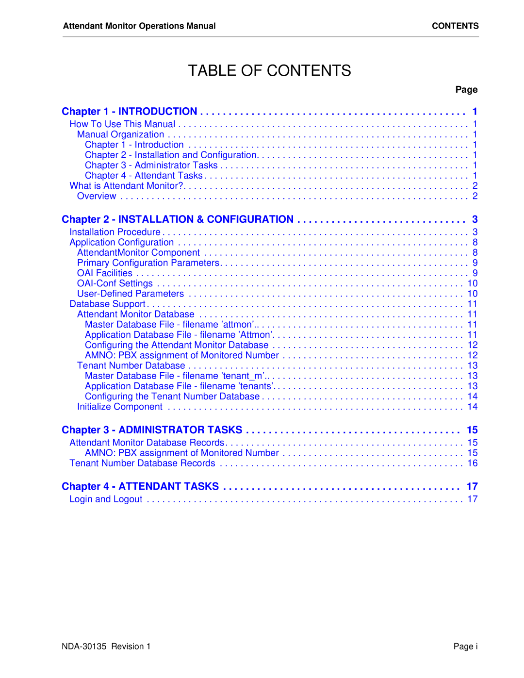 NEC NDA-30135 manual Table of Contents 