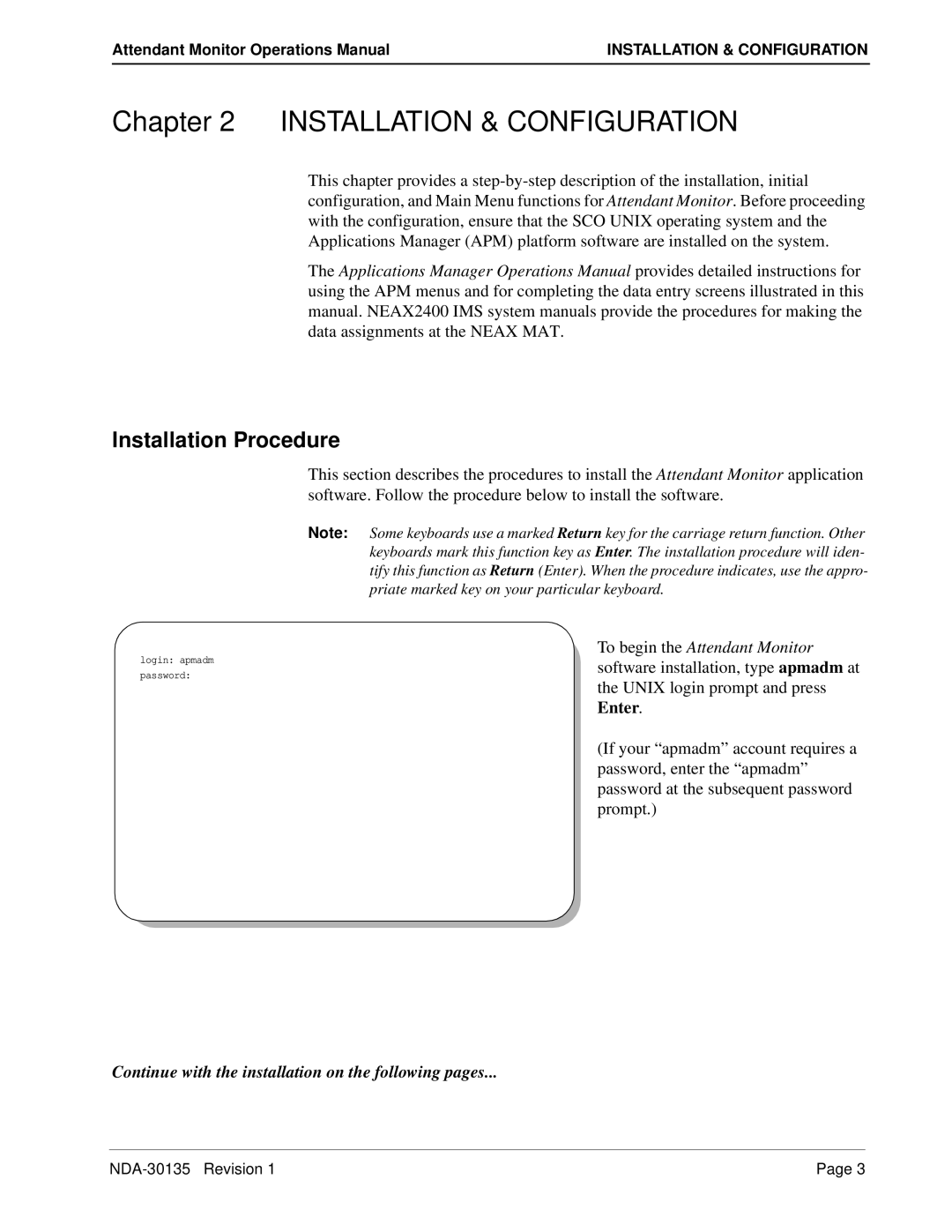 NEC NDA-30135 manual Installation & Configuration, Installation Procedure 