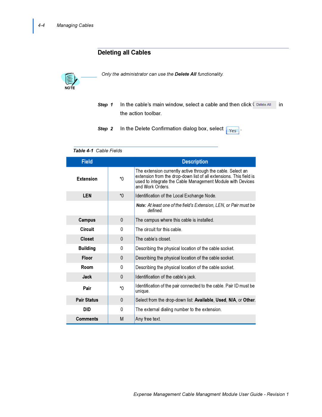 NEC NDA-31135 manual Deleting all Cables 