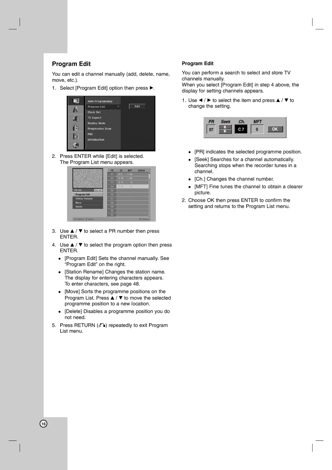 NEC NDH-160 owner manual Program Edit 