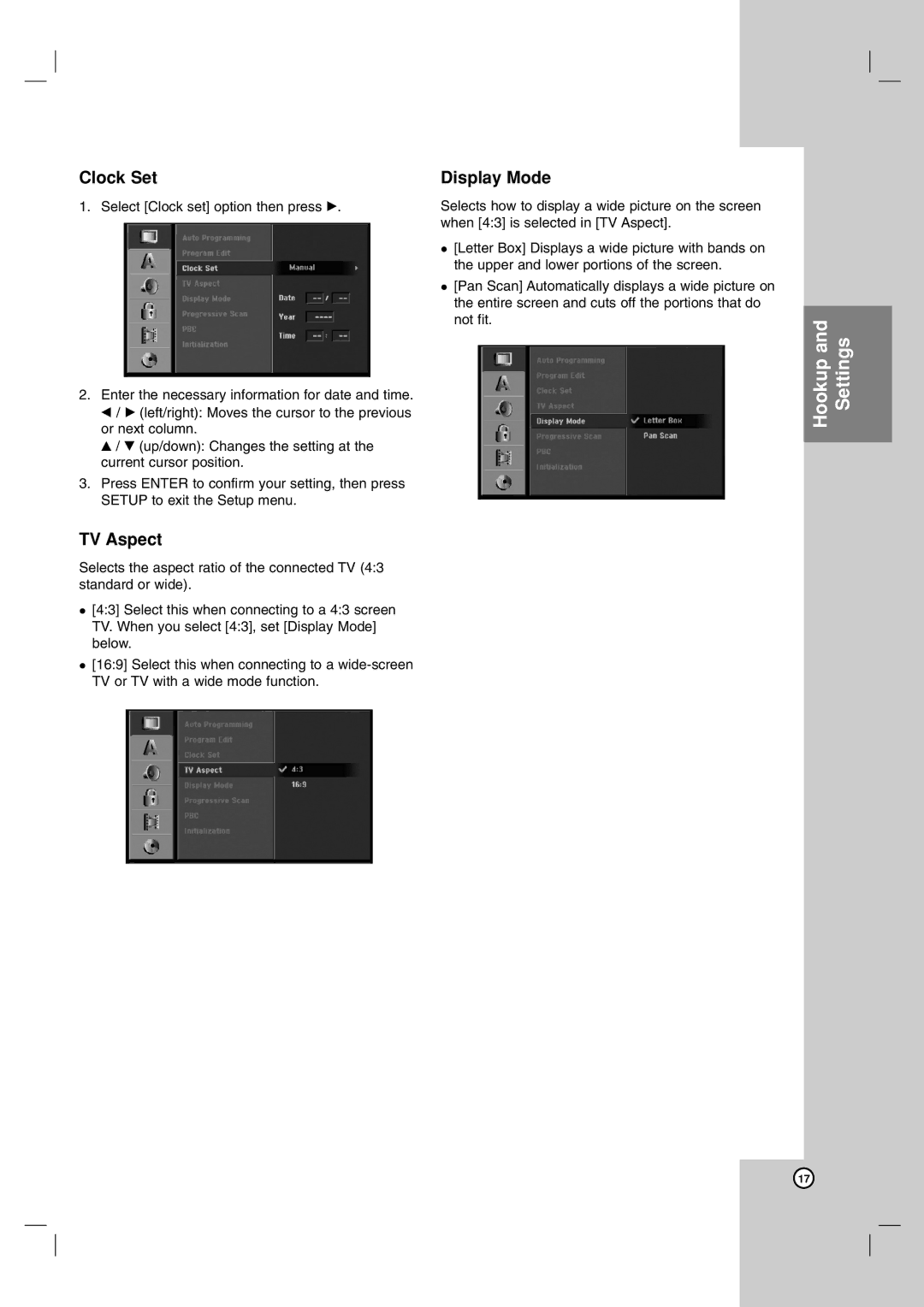 NEC NDH-160 owner manual Clock Set, TV Aspect, Display Mode 