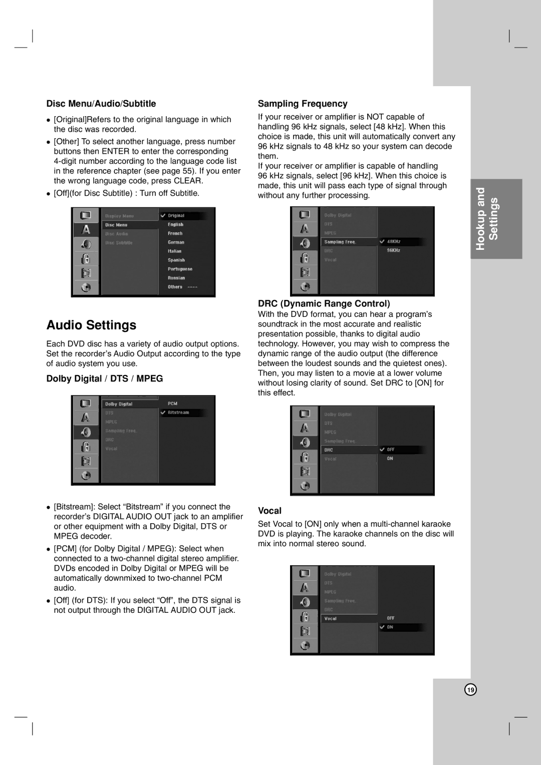 NEC NDH-160 owner manual Audio Settings 