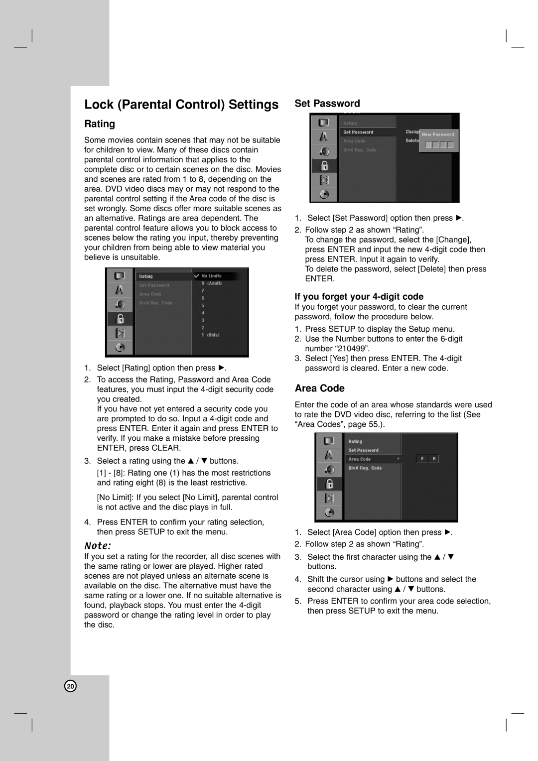 NEC NDH-160 owner manual Lock Parental Control Settings, Rating, Set Password, Area Code, If you forget your 4-digit code 