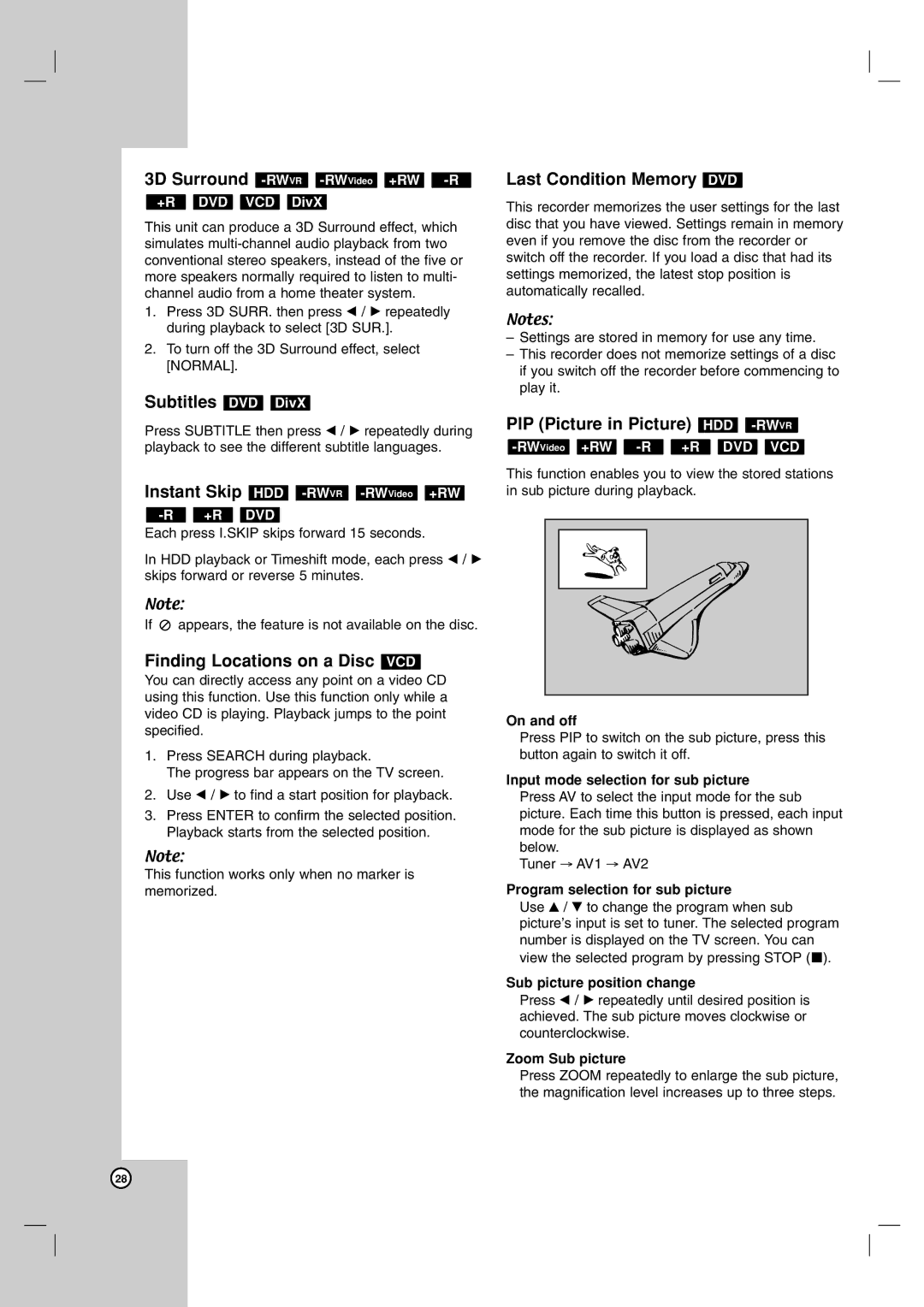 NEC NDH-160 owner manual 3D Surround -RWVR-RWVideo+RW -R, Subtitles DVD DivX, Instant Skip HDD -RWVR-RWVideo+RW 