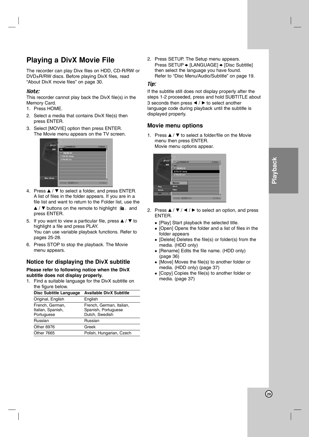 NEC NDH-160 owner manual Playing a DivX Movie File, Movie menu options 