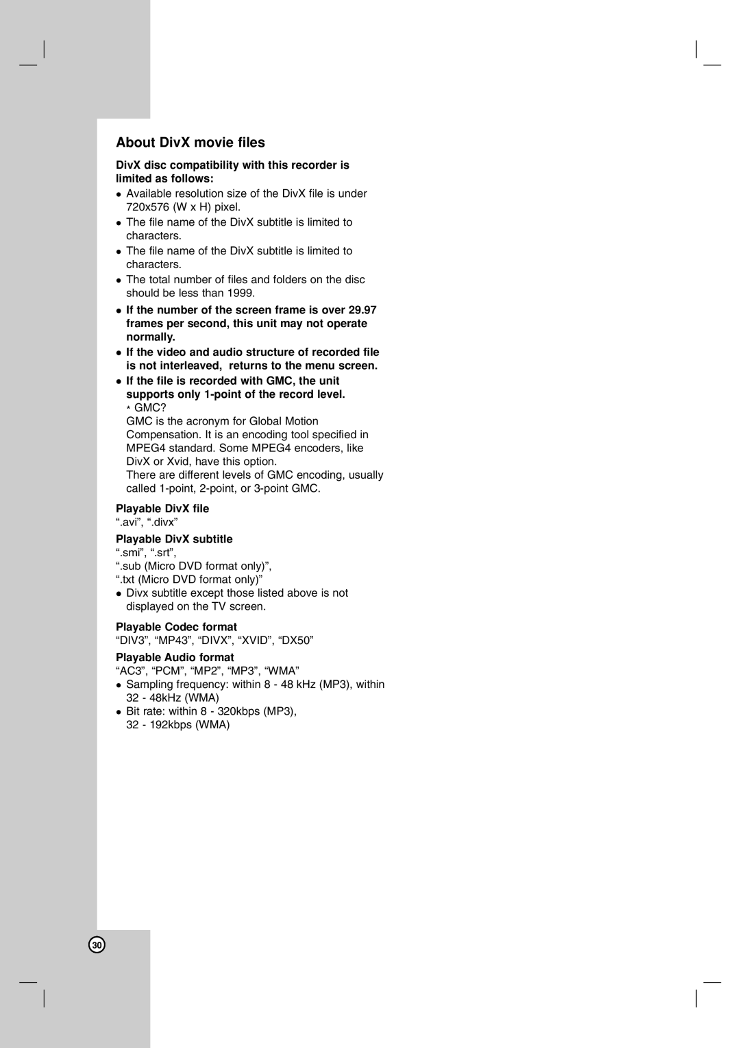 NEC NDH-160 owner manual About DivX movie files, Playable Codec format, Playable Audio format 