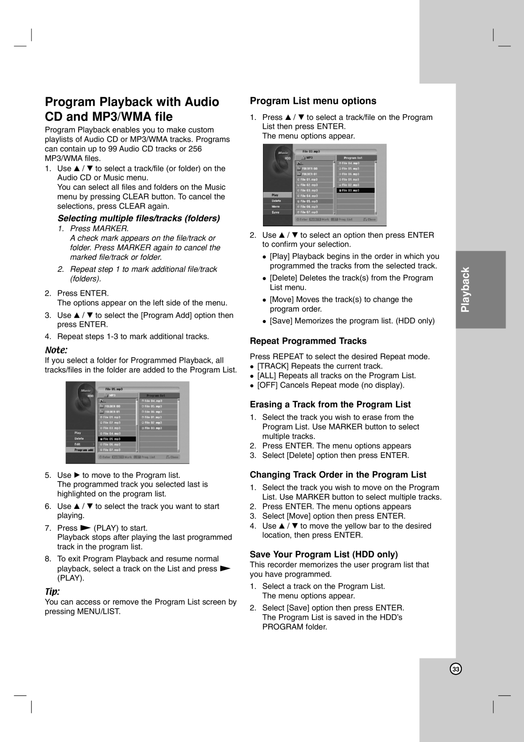 NEC NDH-160 owner manual Program Playback with Audio CD and MP3/WMA file, Program List menu options 