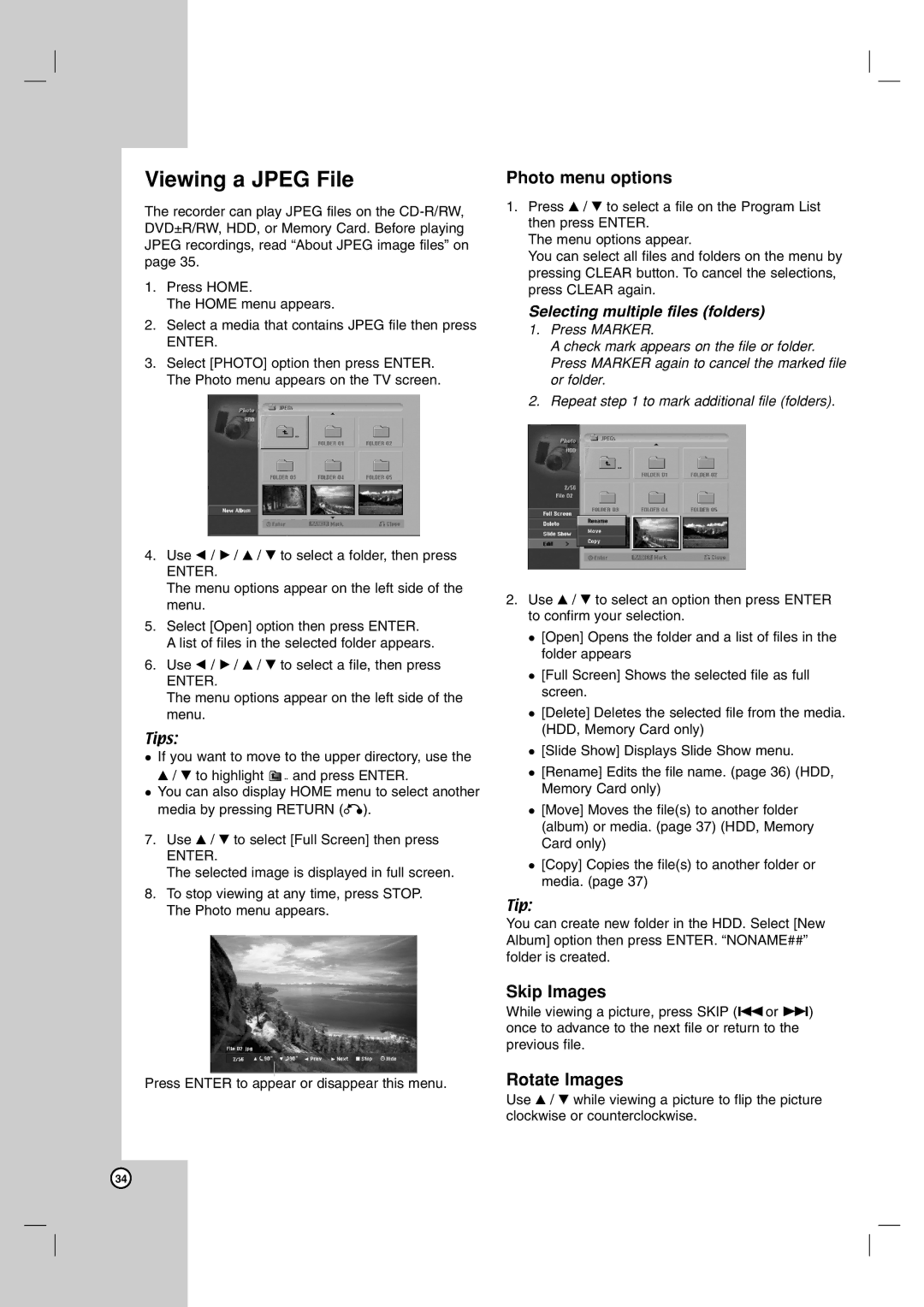 NEC NDH-160 owner manual Viewing a Jpeg File, Photo menu options, Skip Images, Rotate Images 