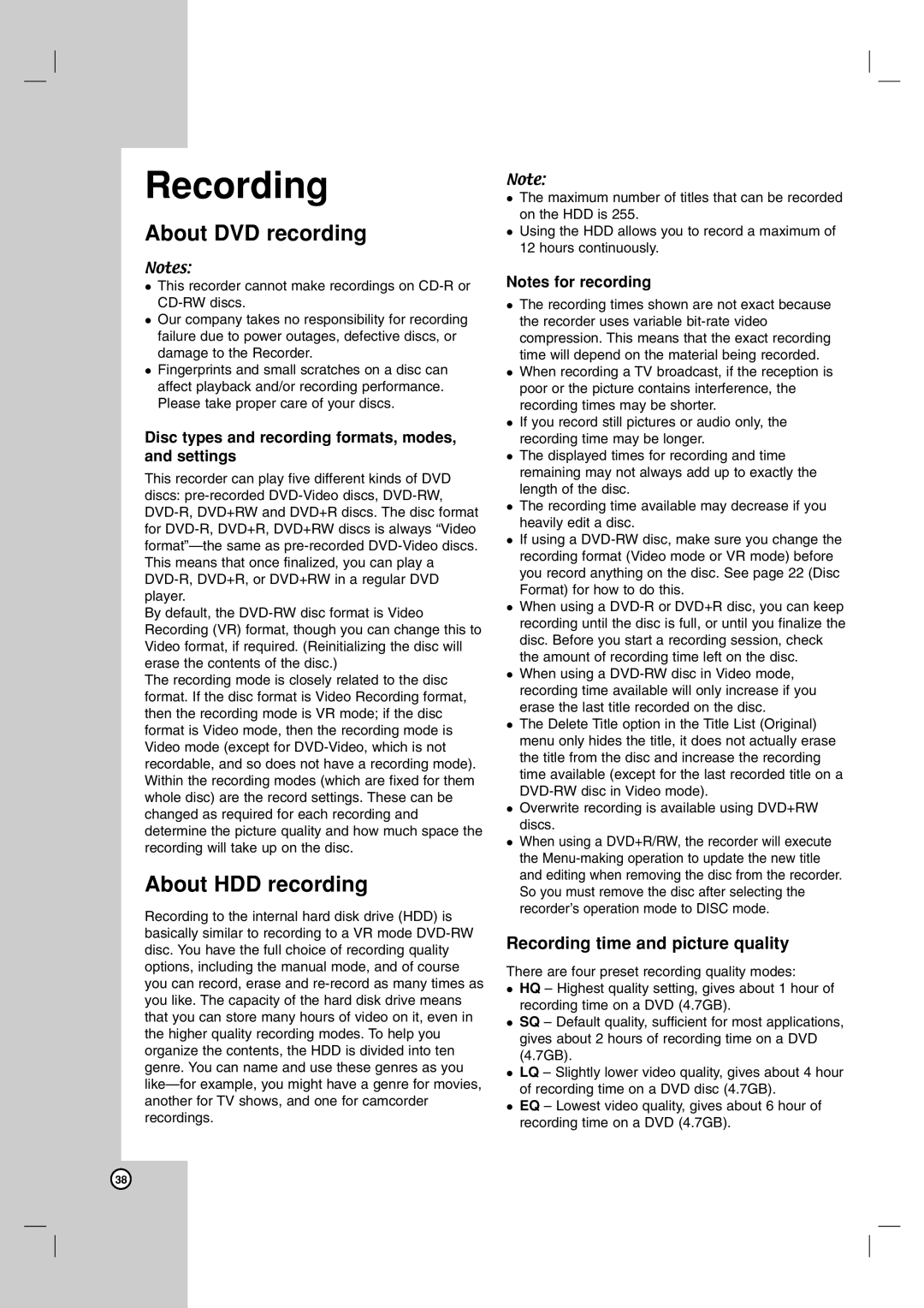 NEC NDH-160 owner manual About DVD recording, About HDD recording, Recording time and picture quality 