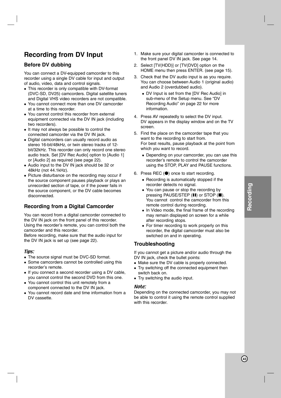 NEC NDH-160 owner manual Recording from DV Input, Before DV dubbing, Recording from a Digital Camcorder, Troubleshooting 