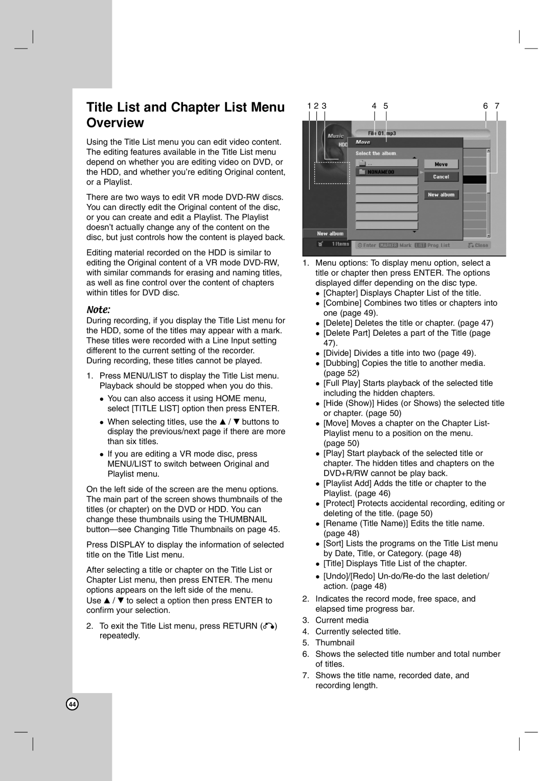 NEC NDH-160 owner manual Title List and Chapter List Menu Overview 