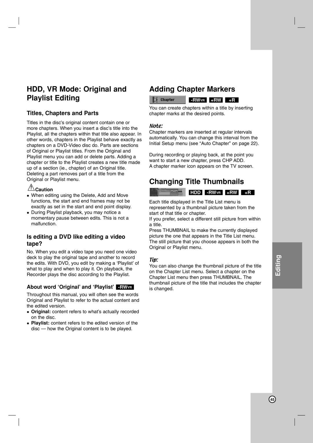 NEC NDH-160 owner manual HDD, VR Mode Original and Playlist Editing, Adding Chapter Markers, Changing Title Thumbnails 