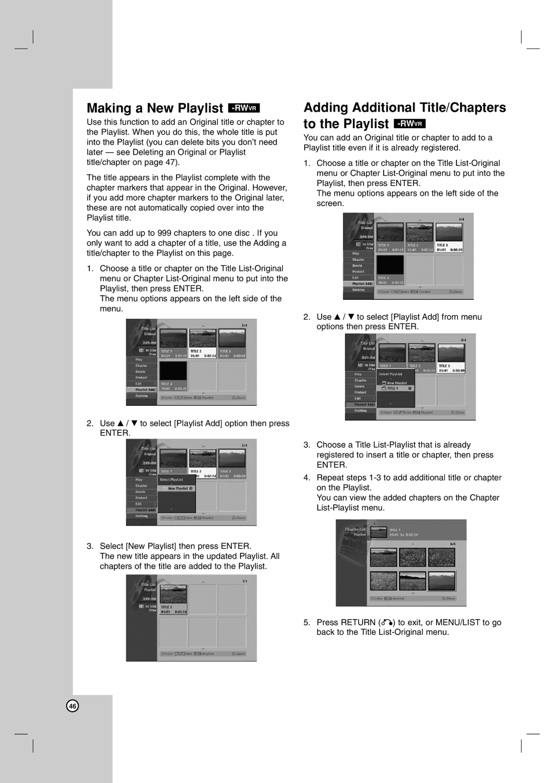 NEC NDH-160 owner manual Making a New Playlist -RWVR, Adding Additional Title/Chapters to the Playlist -RWVR 