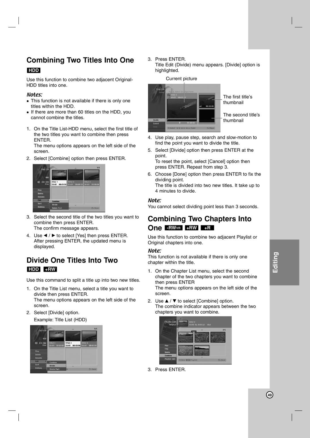 NEC NDH-160 Combining Two Titles Into One, Divide One Titles Into Two, Combining Two Chapters Into, One -RWVR+RW +R 