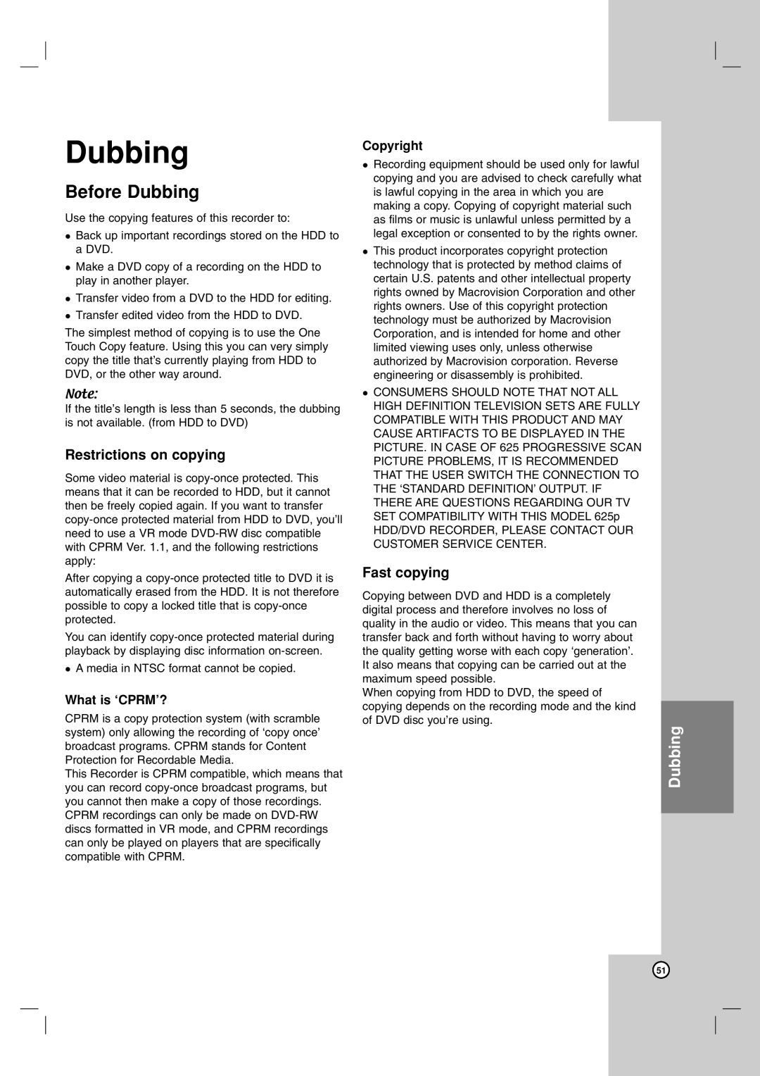 NEC NDH-160 owner manual Before Dubbing, Restrictions on copying, Fast copying, What is ‘CPRM’?, Copyright 