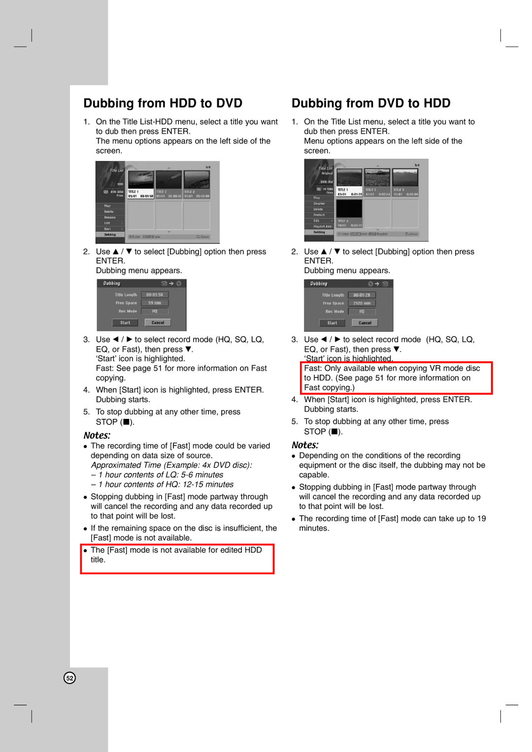 NEC NDH-160 owner manual Dubbing from HDD to DVD, Dubbing from DVD to HDD 