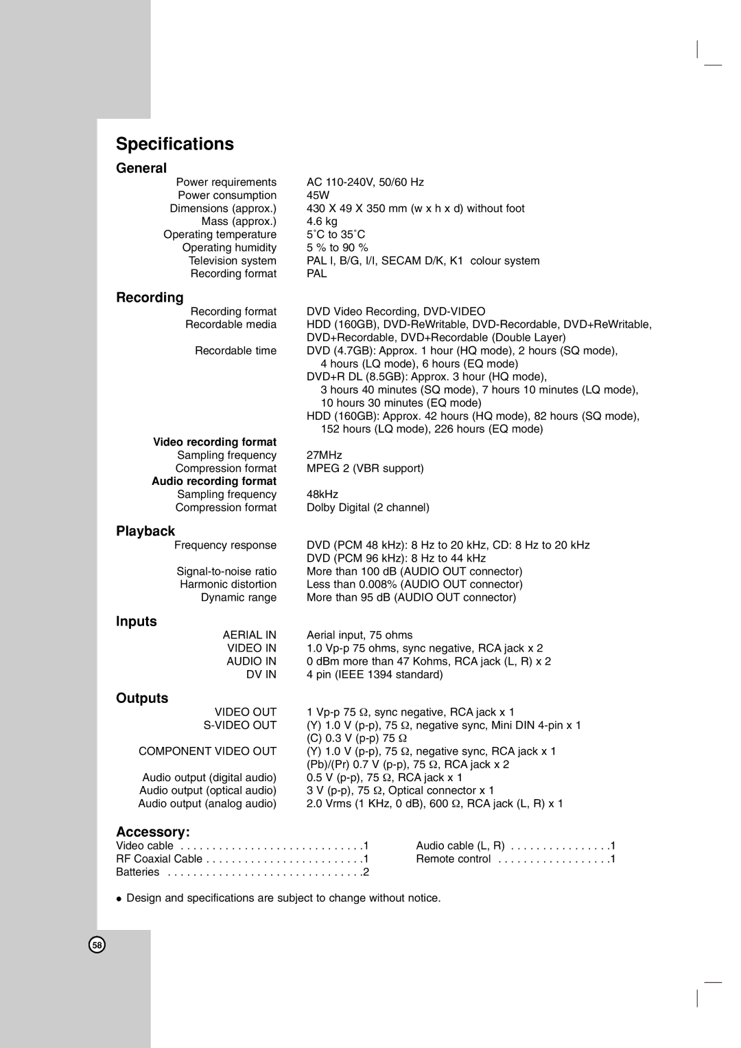 NEC NDH-160 owner manual Specifications 