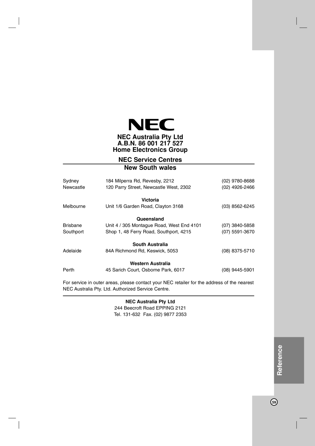 NEC NDH-160 owner manual Victoria, Queensland, South Australia 