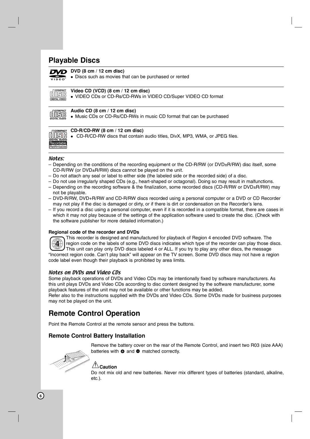 NEC NDH-160 owner manual Playable Discs, Remote Control Operation, Remote Control Battery Installation 