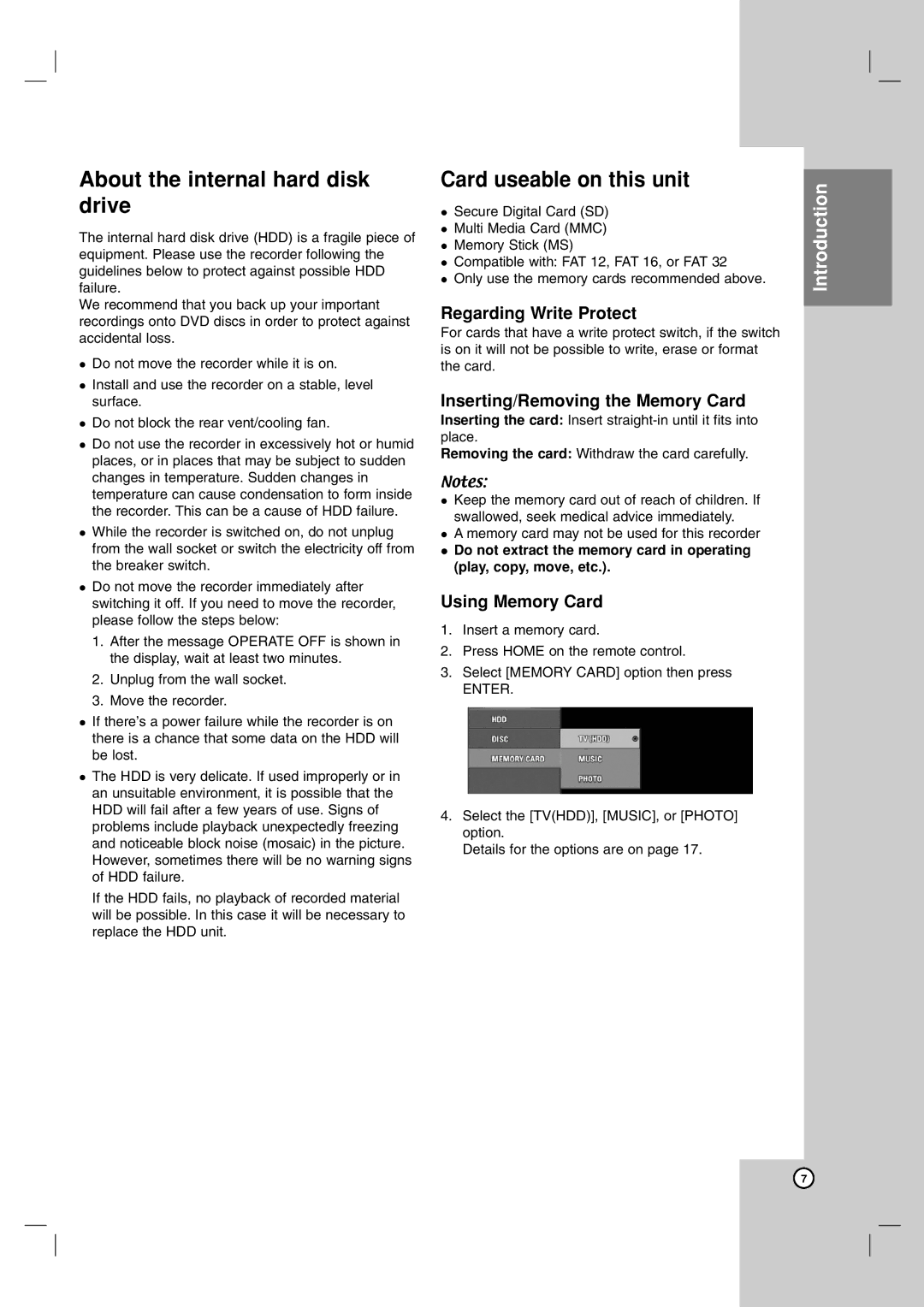 NEC NDH-160 About the internal hard disk drive, Card useable on this unit, Regarding Write Protect, Using Memory Card 