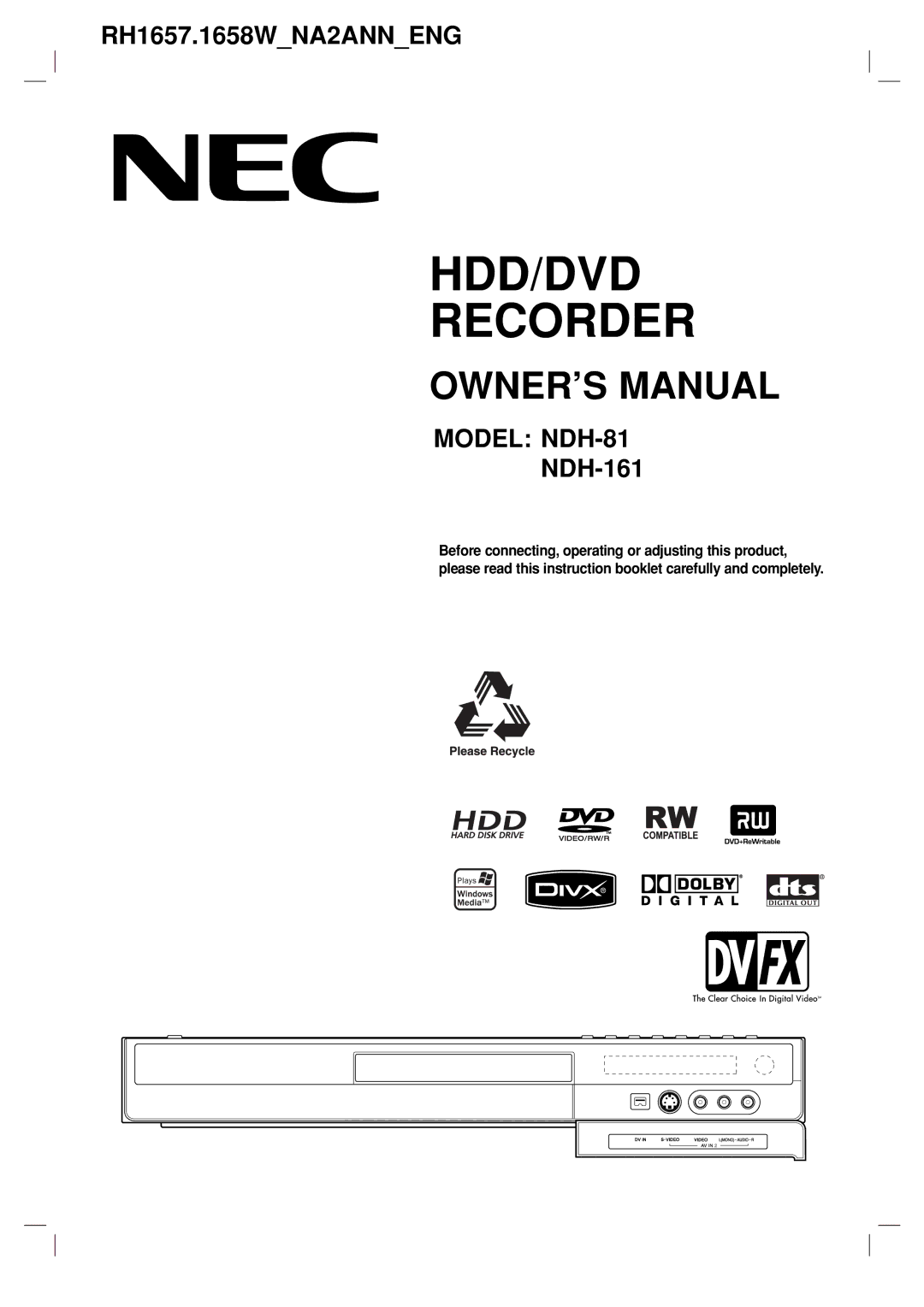 NEC NDH-81 NDH-161 owner manual HDD/DVD Recorder 