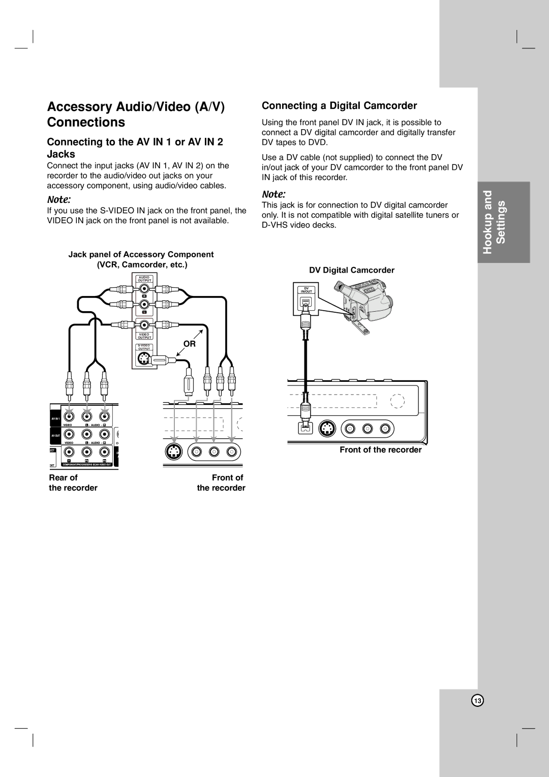 NEC NDH-81 NDH-161 owner manual Accessory Audio/Video A/V Connections, Connecting to the AV in 1 or AV in 2 Jacks 