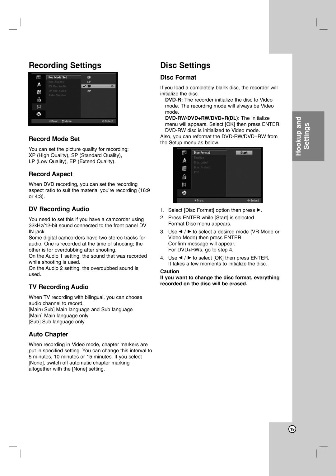 NEC NDH-81 NDH-161 owner manual Recording Settings, Disc Settings 