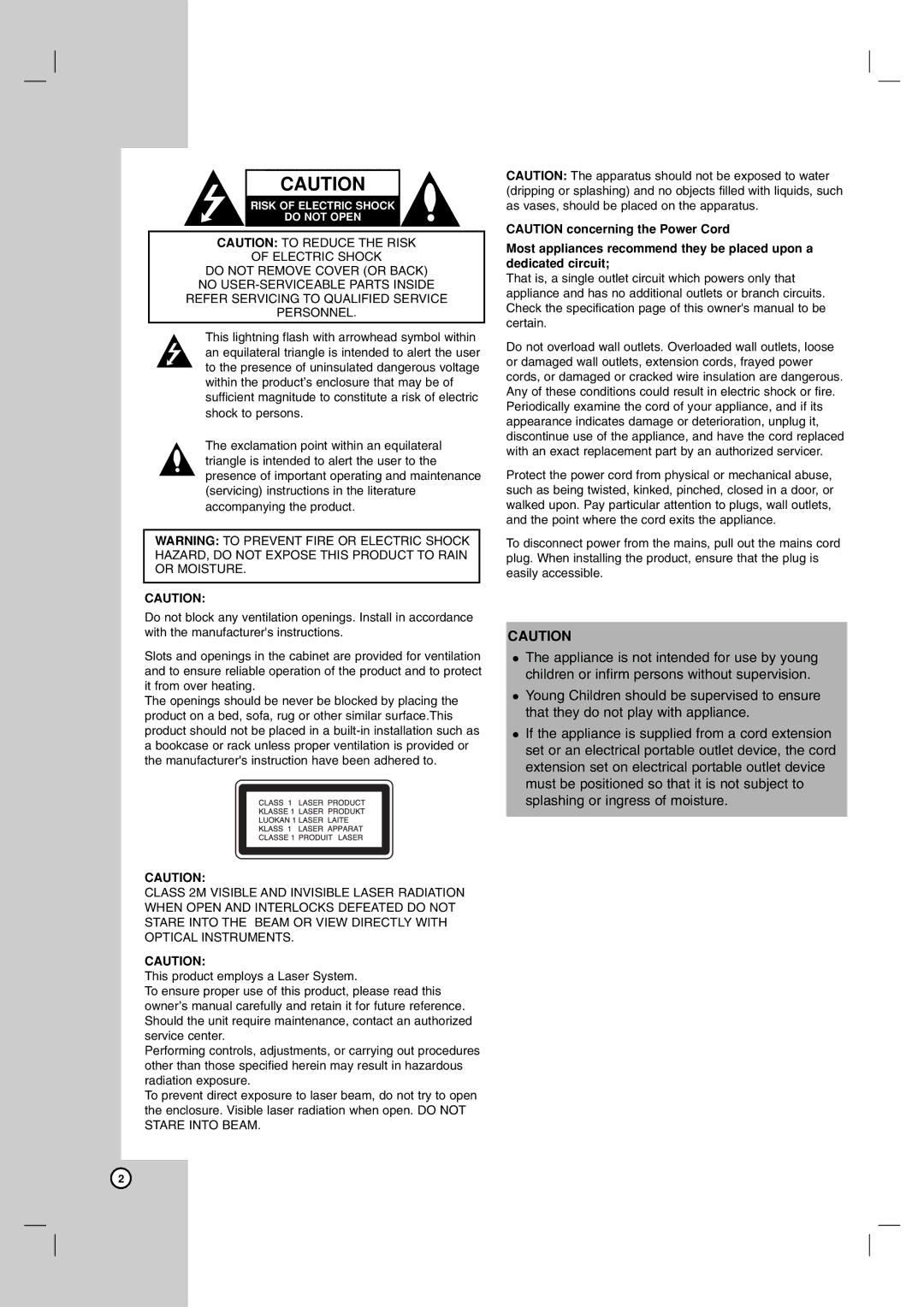 NEC NDH-81 NDH-161 owner manual Risk of Electric Shock Do not Open 