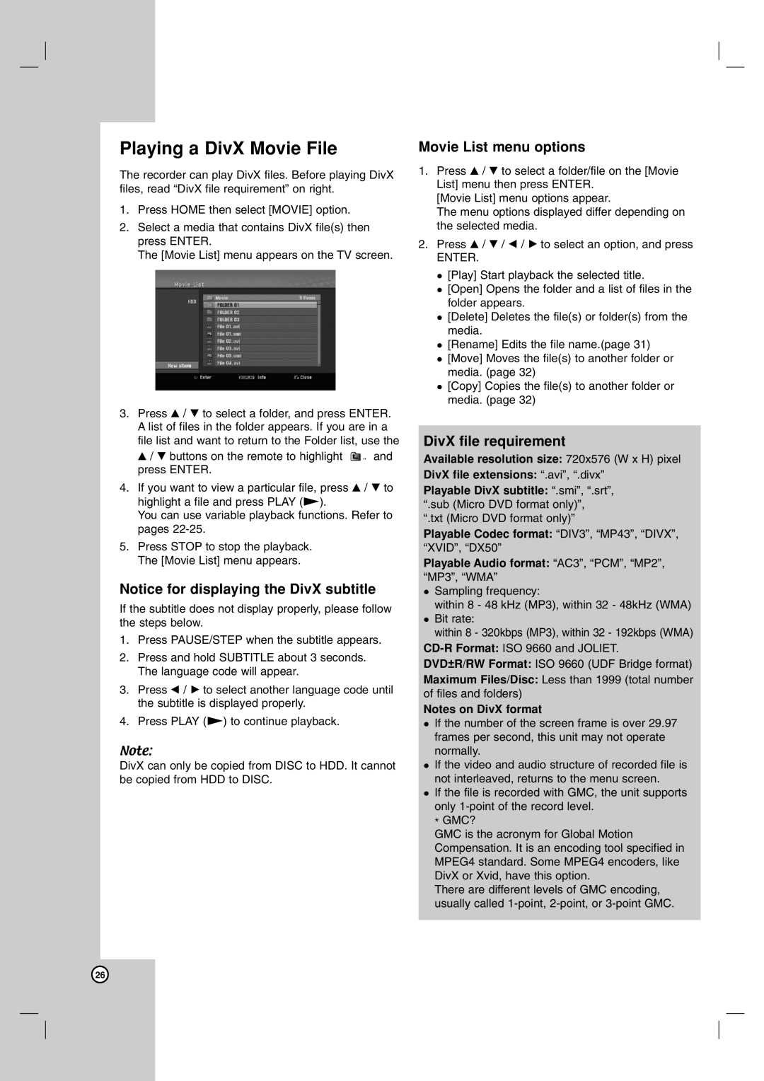 NEC NDH-81 NDH-161 owner manual Playing a DivX Movie File, Movie List menu options, DivX file requirement 