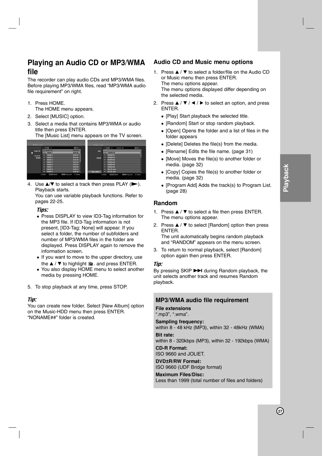 NEC NDH-81 NDH-161 owner manual Playing an Audio CD or MP3/WMA file, Audio CD and Music menu options, Random 