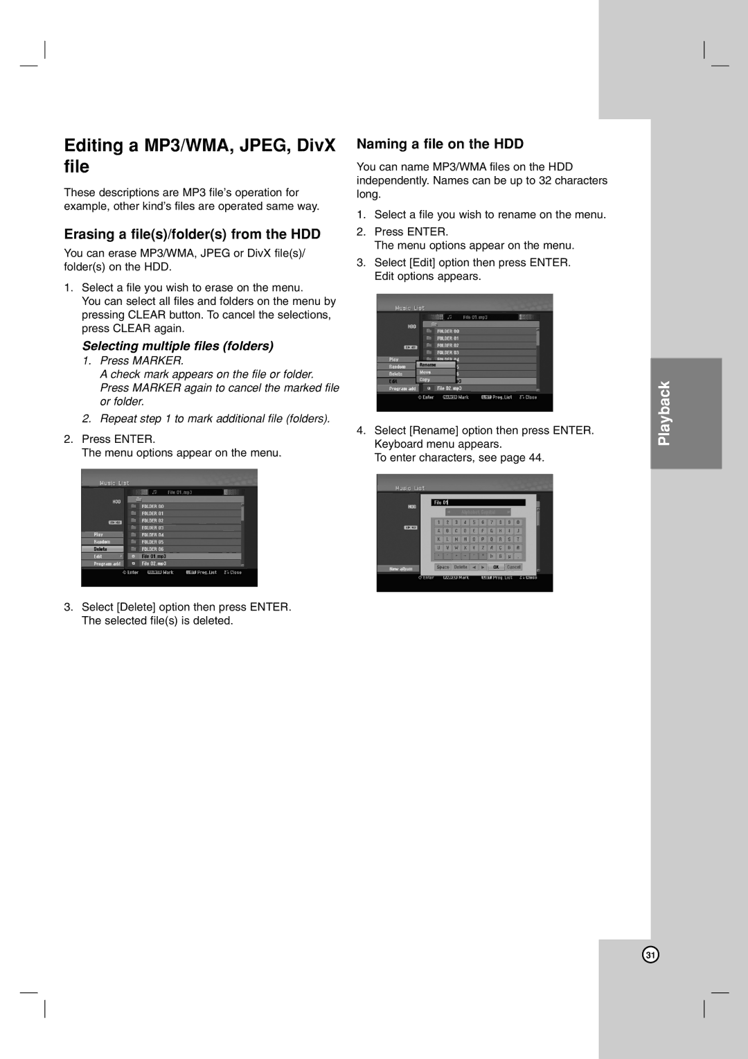 NEC NDH-81 NDH-161 Editing a MP3/WMA, JPEG, DivX file, Erasing a files/folders from the HDD, Naming a file on the HDD 